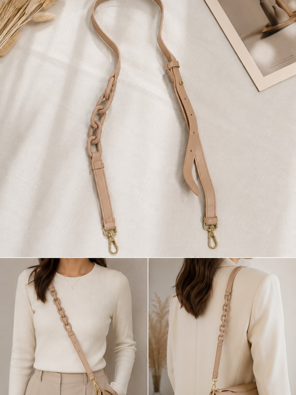 Faux Leather HandBag Strap with Chain Accent - Beige